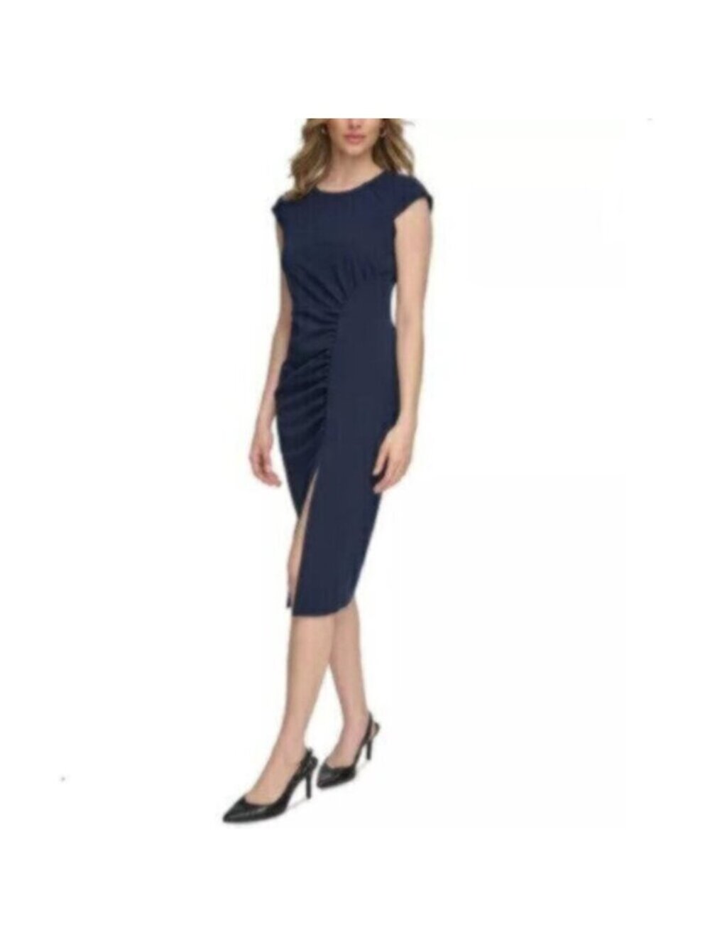 NWT Calvin Klein Navy Blue Side-Ruched Scuba Crepe Sheath Dress - Picture 5 of 17
